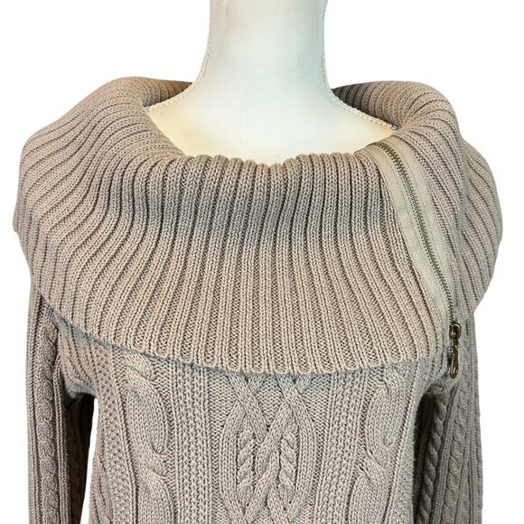 Jeanne Pierre Cotton Sweater Women Sz Small Brown Cable Knit Zip Cowl Neck Tunic - Picture 2 of 10